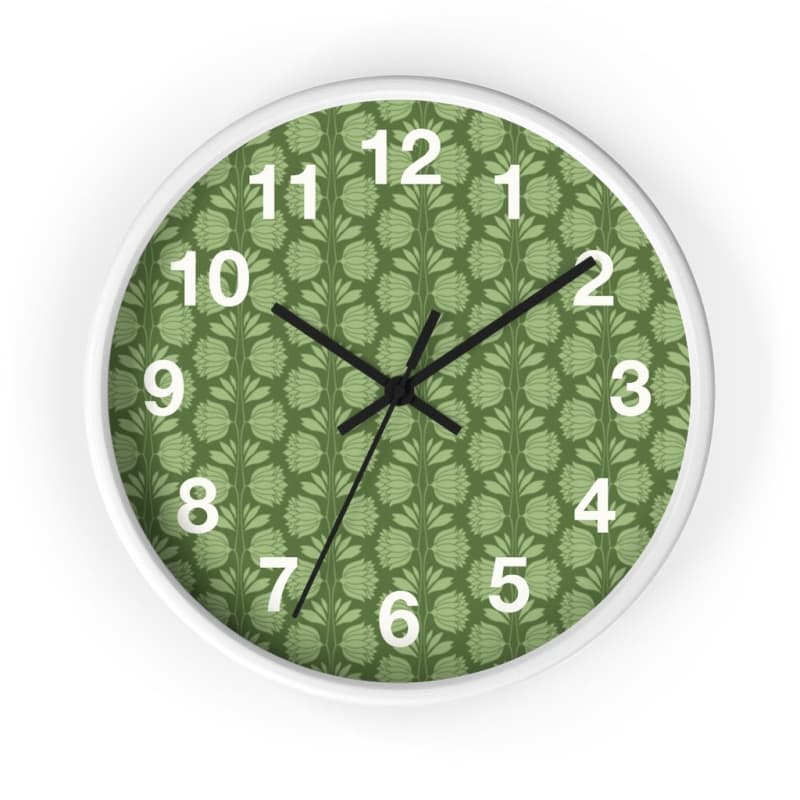 Sarah Wall Clock - 10 / White / Black - Home Decor black, Clock, flowers, green, olive green Made in